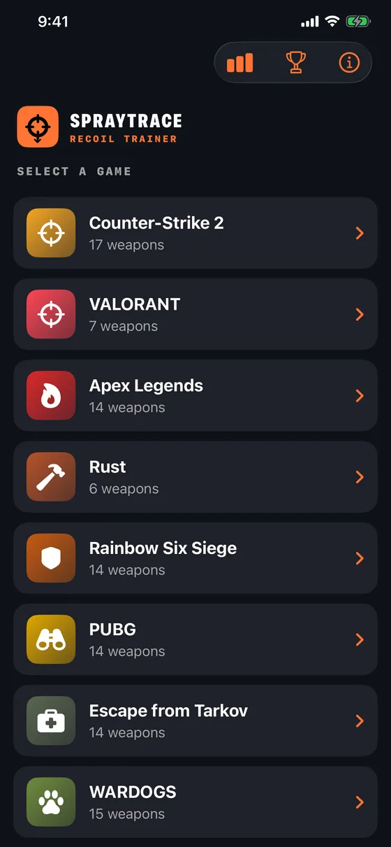 Game picker: CS2, Valorant, Apex, Rust, R6, PUBG, Tarkov, WARDOGS